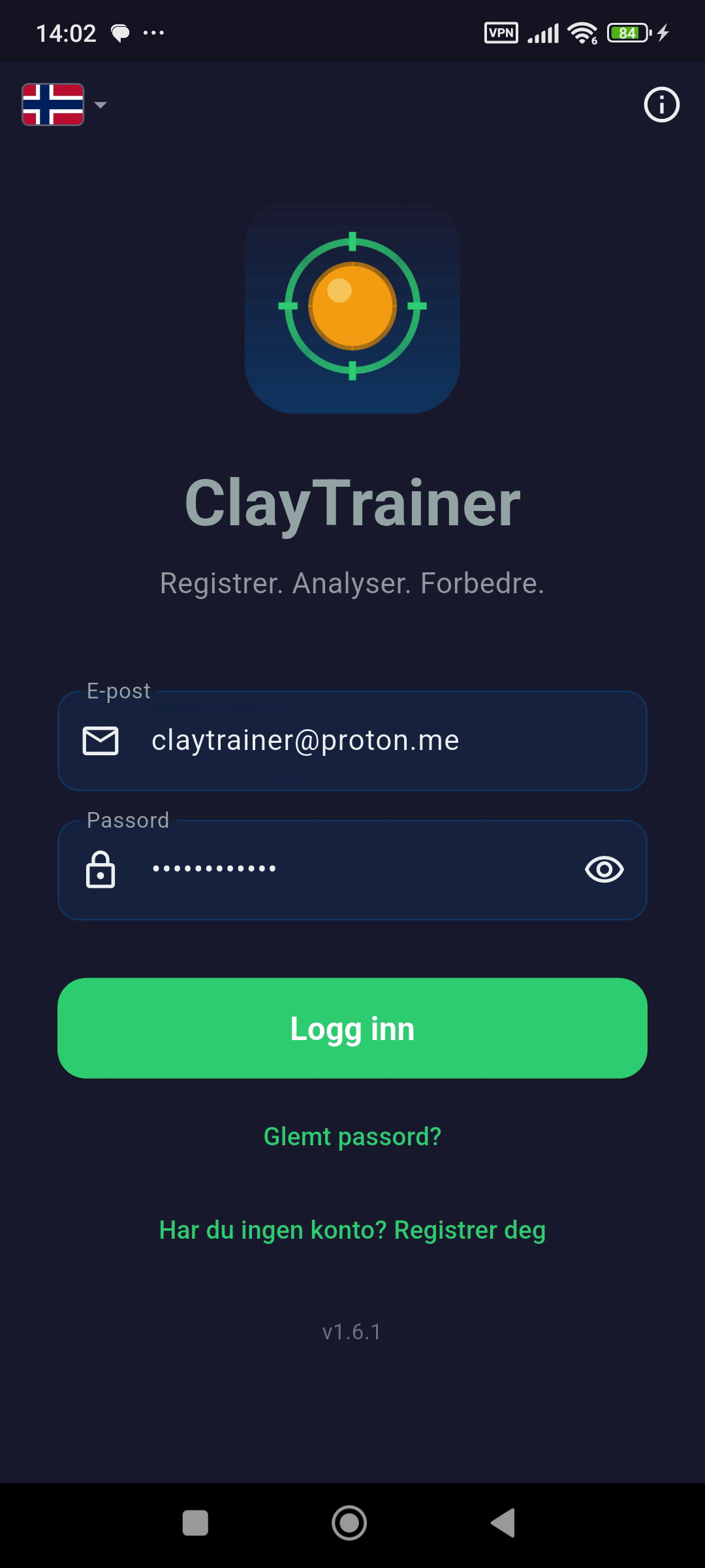 ClayTrainer sign-in screen displayed in Norwegian